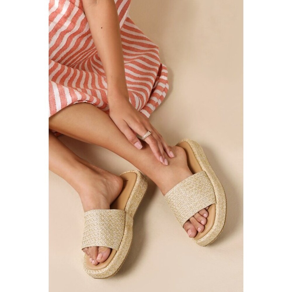 Lulus Lolani Natural Raffia Platform Slide Sandals Beige - Size 8